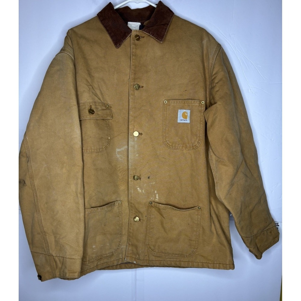 VTG Carhartt 80s Jacket Mens 46T Tall Chore Coat Duck Canvas USA‎ Blanket Lined